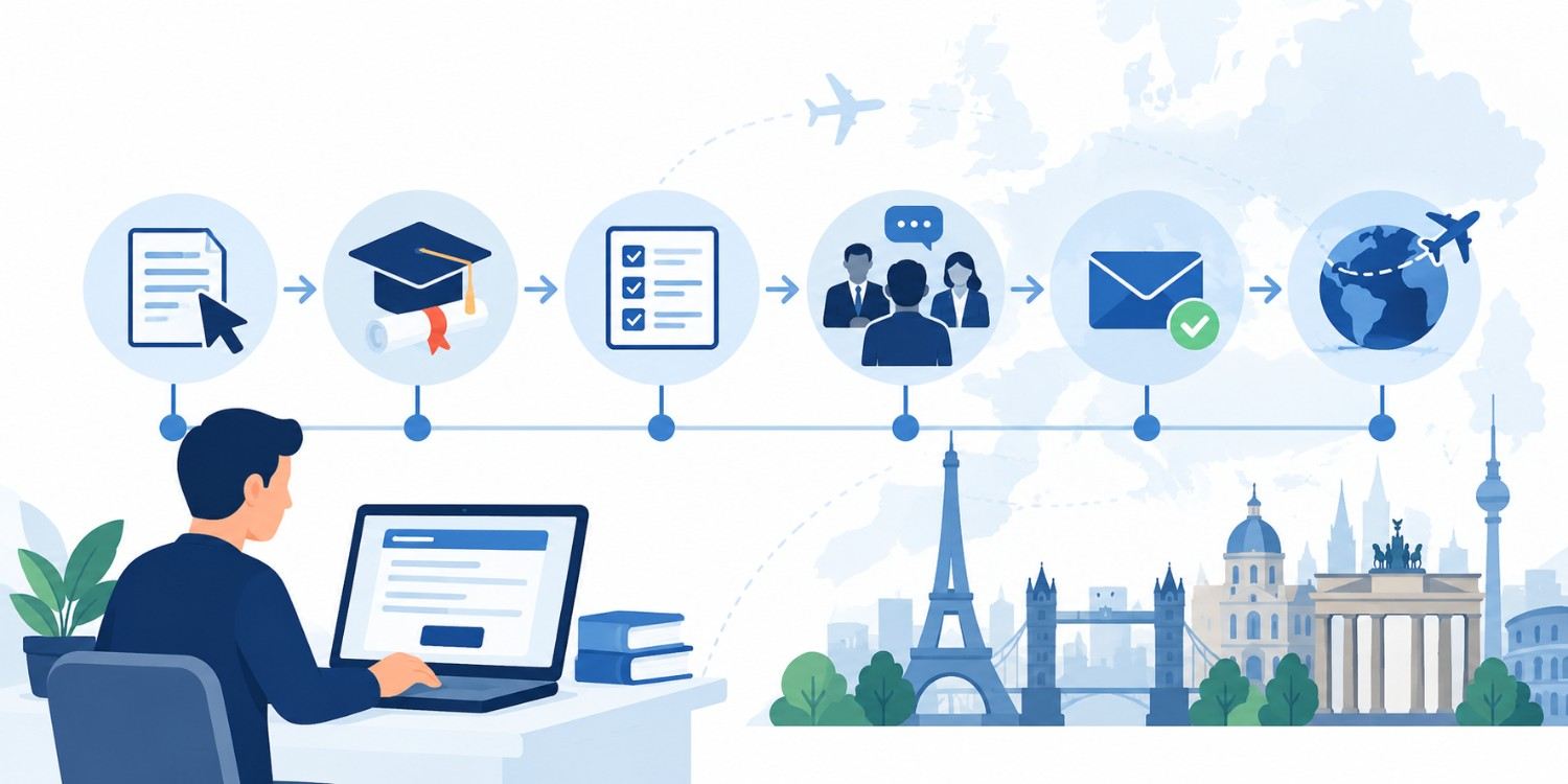 Illustration of the ESCP MiM application process showing online application, academic documents, interview, admission decision and international study journey.